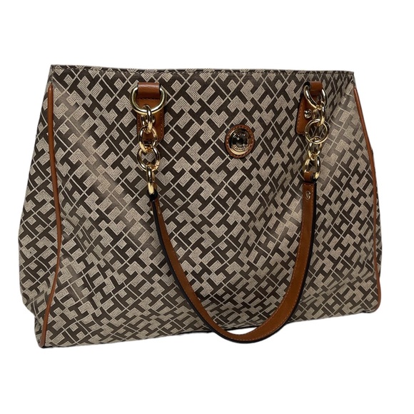 Tommy Hilfiger Handbags - Tommy Hilfiger Monogram Tote Purse Brown Bag Gold Hardware Tri Interior Pockets
